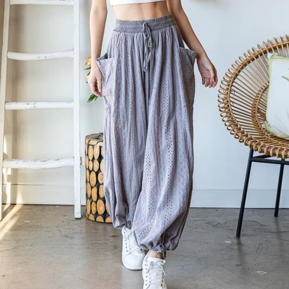 058 Oli & Hali Mineral Washed Wide Leg Lavendar Eyelet Knit Pants NEW Size Large - Picture 8 of 9